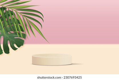 Realistic 3d scene for cosmetics, summer stand vector, geometric form banner, tropical scene for product, podium mockup