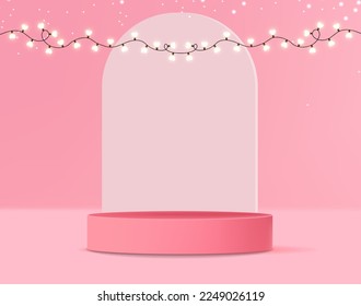 Realistic 3d scene vector, love scene 3d, pink stand vector, geometric form banner, modern scene for product, podium mockup, valentine's day podium