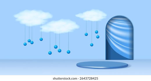 Realistic 3d scene with white clouds, round podium and arched entrance. Blue sky and white clouds. Theatre stage with nature decoration