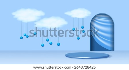 Realistic 3d scene with white clouds, round podium and arched entrance. Blue sky and white clouds. Theatre stage with nature decoration