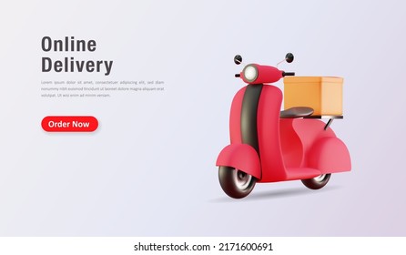 Realistic 3d scooter with box, online delivery landing page concept. Vector illustration