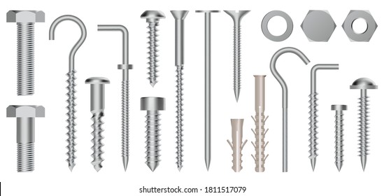 Tornillos y pernos 3d realistas. Tornillos, tornillos, tornillos, tuercas y ganchos para los ojos, conjunto de ilustración vectorial aislada de los aparejos de fijación de metales. Fijadores de construcción, tuercas de capucha hexagonales y mellizos