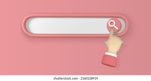 Realistic 3d search bar design element with hand pointing in cartoon minimal style on red background. Vector illustration.