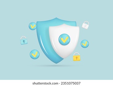 Icono de seguridad 3d realista con candado, marca de verificación. Símbolo de protección garantizado brillante 3d del cliente, emblema protector de calidad protegido. Ilustración vectorial sobre fondo azul