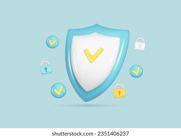 Icono de seguridad 3d realista con candado, marca de verificación. Símbolo de protección garantizado brillante 3d del cliente, emblema protector de calidad protegido. Ilustración vectorial sobre fondo azul