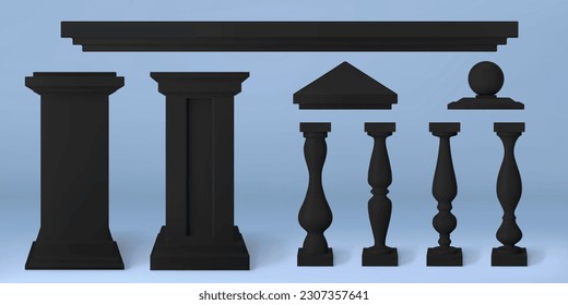 Realistic 3D set of antique architecture design elements. Vector illustration of black stone balustrade handrails, pillars, decorative pediment and ornamental marble sphere. Classical building details