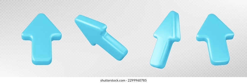 Realistic 3D set of blue arrow cursors isolated on transparent background. Vector illustration of glossy direction pointer top, side view, computer mouse sign to click buttons, website design element