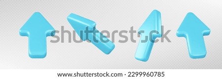 Realistic 3D set of blue arrow cursors isolated on transparent background. Vector illustration of glossy direction pointer top, side view, computer mouse sign to click buttons, website design element