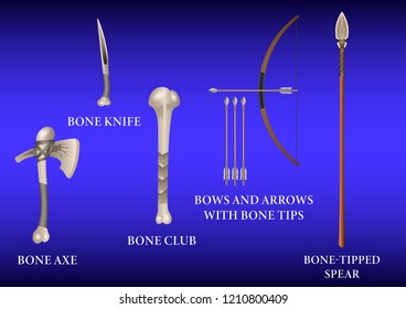 Realistic 3d Set Bone fighting cold weapon isolated on a blue background. Vector Illustration