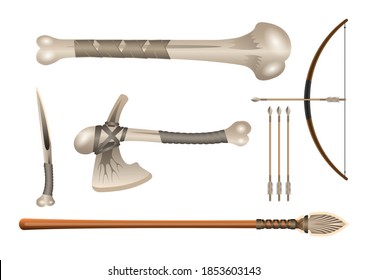 Realistischer 3D-Set-Knochen, der kalte Waffen bekämpft, einzeln auf weißem Hintergrund. Vektorgrafik