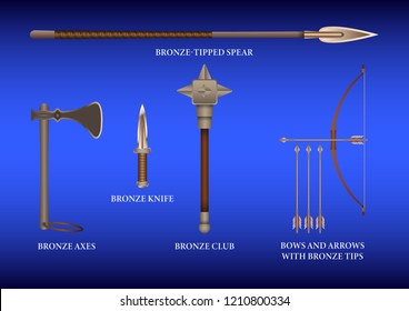 Realistic 3d Set Bronze fighting cold weapon isolated on a blue background. Vector Illustration