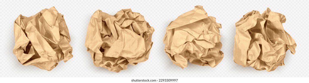 Realistic 3D set of crumpled paper balls isolated on transparent background. Vector illustration of crinkled brown sheet, used bag, wastepaper sorted for recycling, rumpled yellow page. Eco material