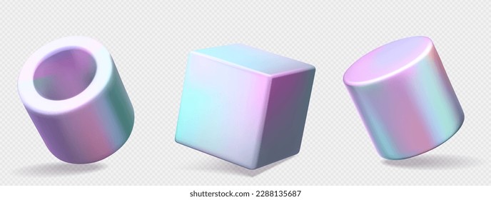 Realistic 3D set of iridescent geometric figures isolated on transparent background. Vector illustration of abstract tube, cube and cylinder with holographic color gradient. Futuristic design element