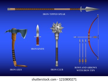 Realistic 3d Set Iron fighting cold weapon isolated on a blue background. Vector Illustration