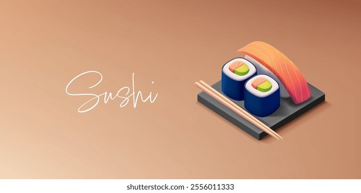 Realistic 3D set of Japanese sushi rolls with fish. For Japanese food advertising concepts. Discounts. Vector illustration