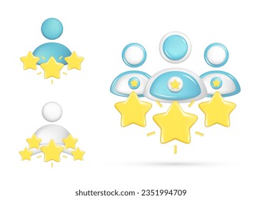 Realistic 3d set of people group, golden stars. Customer 3d quality reviews, user rating element, customer feedback score symbol, satisfaction icon. Vector illustration isolated on white background