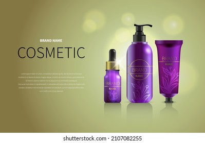 Realistic 3d  set of purple color cosmetic bottles: bottle with dispenser, dropper, tubes for cream, vector packaging design cosmetic mockup-empty text template banner vector art illustration. Sample 