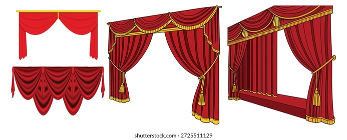 Realistic 3D Set of Red Velvet Theater Curtains Open and Closed Long and Short Top Borders Isolated on White Background. Vector illustration