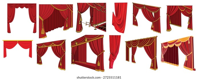 Realistic 3D Set of Red Velvet Theater Curtains Open and Closed Long and Short Top Borders Isolated on White Background. Vector illustration