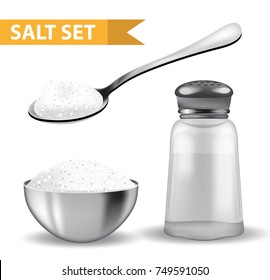 Realistic 3d set with  salt shaker,  spoon of salt,  steel bowl. Isolated on white background. Glass jar for spices. Ingredients for cooking concept. Vector illustration