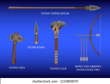 Realistic 3d Set Stone fighting cold weapon isolated on a blue background. Vector Illustration