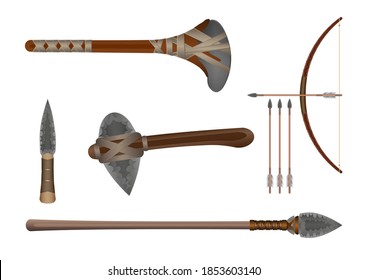 Realistischer 3D-Set-Stein, der kalte Waffen bekämpft, einzeln auf weißem Hintergrund. Vektorgrafik