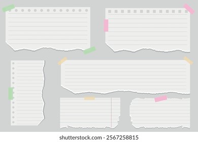 Realistic 3D set of torn paper: Textured torn pages with torn edges, uneven borders, torn notebook pages. A collection of damaged blank paper blanks. Vector illustration