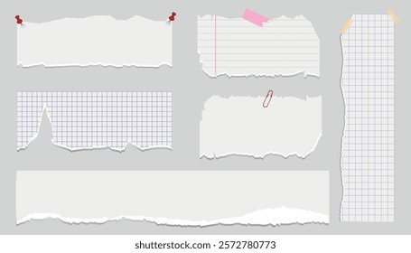 Realistic 3D set of torn paper in a cage. Textured torn pages with torn edges, uneven borders, torn notebook pages. A collection of damaged blank paper blanks.