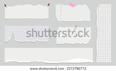 Realistic 3D set of torn paper in a cage. Textured torn pages with torn edges, uneven borders, torn notebook pages. A collection of damaged blank paper blanks.