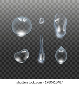 Realistic 3d Set of Water drops on Transparent Background. Vector illustration