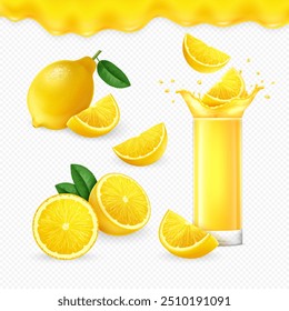 Realista conjunto 3D de inteiro, fatia e pedaço de fruta de limão e vidro de suco de limão fresco com splash em fundo branco transparente. Suco líquido amarelo gotejamento.