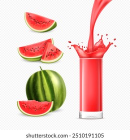 Realistic 3D set of whole, slice and piece of watermelon and glass of fresh watermelon juice with splash and stream on transparent white background.