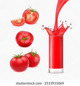 Realistisches 3D-Set aus Ganzen, Scheiben und halber Tomate. Glas frischer Tomatensaft mit Spritzer, Tropfen und Dampf auf transparentem Hintergrund.