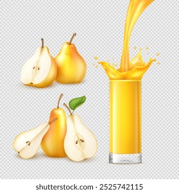 Realistic 3D set of whole, slice and piece of fresh pear with green leaves and glass of pear juice splash on transparent background.