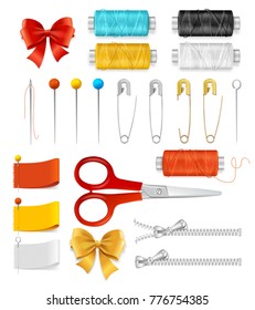 Realistic 3d Sewing Tools Accessories Set for Sew and Repair Web Design Element for Business. Vector illustration