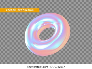 Realistic 3d shape torus, donut objects with gradient holographic color of hologram. Geometric decorative design elements isolated on transparent background. vector illustration.