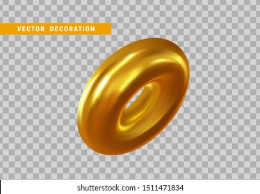 Realistic 3d shape torus, golden donut objects. Geometric decorative design elements isolated on transparent background. vector illustration