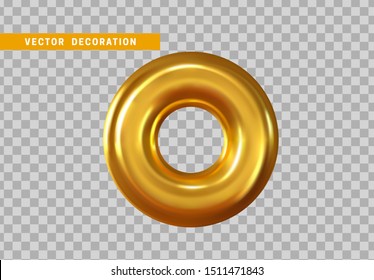 Realistic 3d shape torus, golden donut objects. Geometric decorative design elements isolated on transparent background. vector illustration