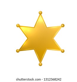 Realistic 3d sheriff star isolated on white background. Glossy gold police badge vector icon. Golden hexagonal star. Easy to edit template for your design projects.