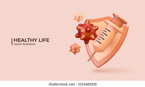 Realistischer 3D-Schild mit Spritze und Viren. Impfungs- oder Immunisierungskonzept. Mediales Konzept in Cartoon minimalen Stil. Vektorgrafik