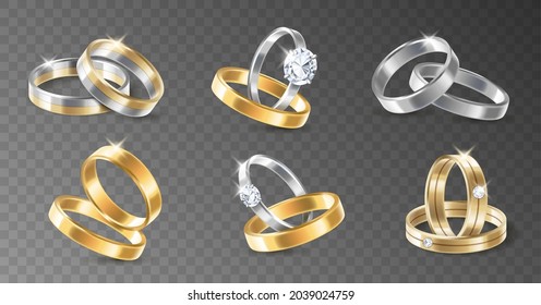 Realista juego de 3d brillante de compromiso plata de boda y anillos metálicos chapados en oro. Pares de anillos sobre fondo transparente aislados. Ilustración del vector