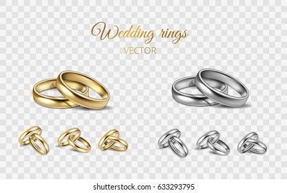 Realistic 3D shining set of wedding gold, silver, platinum rings. Two metal  rings on transparent background isolated for a married couple. Vector illustration. EPS 10