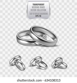 Realistic 3D shining set of wedding silver plated metallic rings. Two metallic rings on transparent background isolated for a married couple. Vector illustration. EPS 10