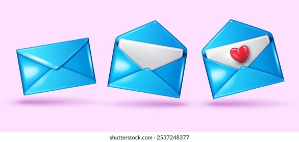 realistic 3D shiny blue envelopes  isolated on light pink background.closed and open letter with heart and envelopes vector illustration.