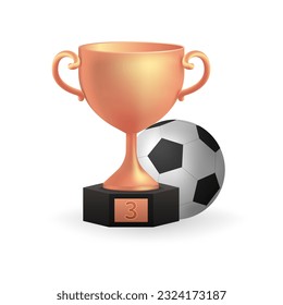 Realistic 3D of a shiny bronze trophy with football ball, symbolizing third place achievement. Perfect for sports illustrations, game design, and championship celebrations. 