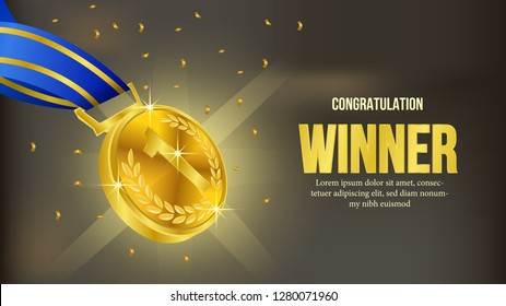 Realistic 3D Shiny Gold Fly Medal With Golden Confetti And Dark Background. Winner Announcement For Olympic Or Sport Game On The Podium. Poster Template. Champion For Victory.