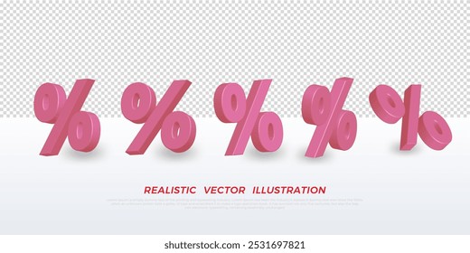 Realistic 3d sign pink percent discount with different angles isolated on transparent background. Voucher gift. Vector illustration