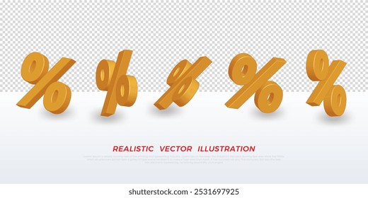 Realistic 3d sign yellow percent discount with different angles isolated on transparent background. Voucher gift. Vector illustration