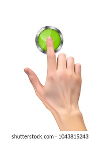 Realistic 3D Silhouette of  hand with inger pressing a green start button on White Background. Vector Illustration. EPS10