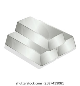 Realistic 3D silver bars stacked together. Shiny metallic ingots are perfect for finance, investment, banking, and wealth-related designs—high-quality vector illustrations.